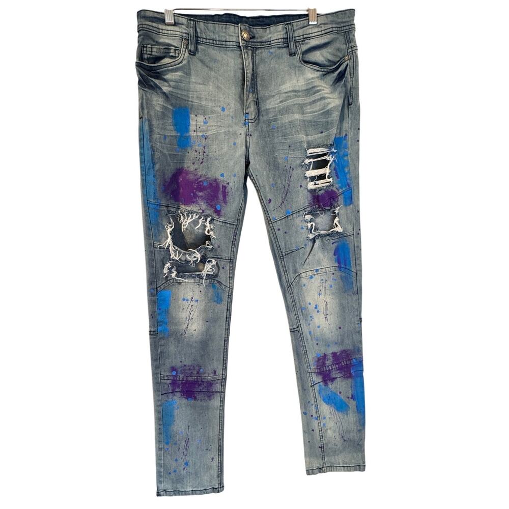 Red Ape Jeans Distressed Paint Splatter Light Wash Y2K 36x32 Purple Blue Denim